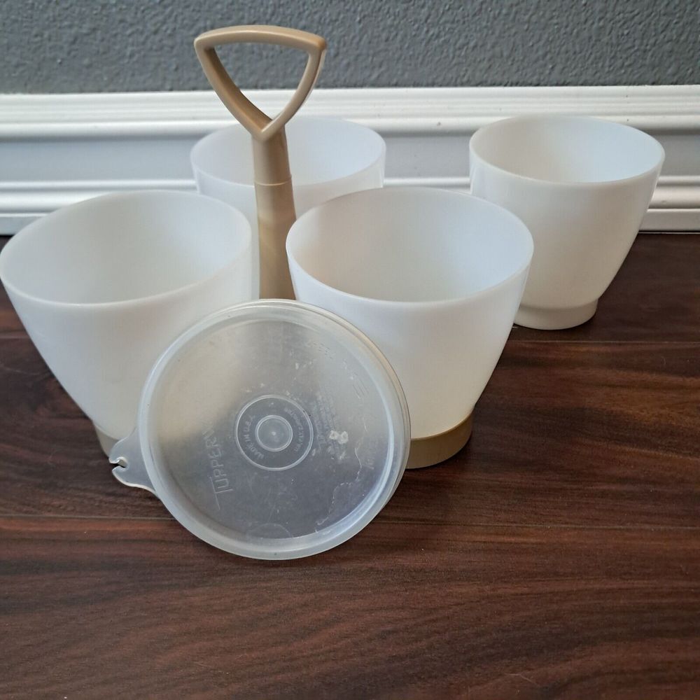 Vintage Tupperware Condiment Caddy #757 Set 4 Cups, 2 Lids - Clear Cups‎